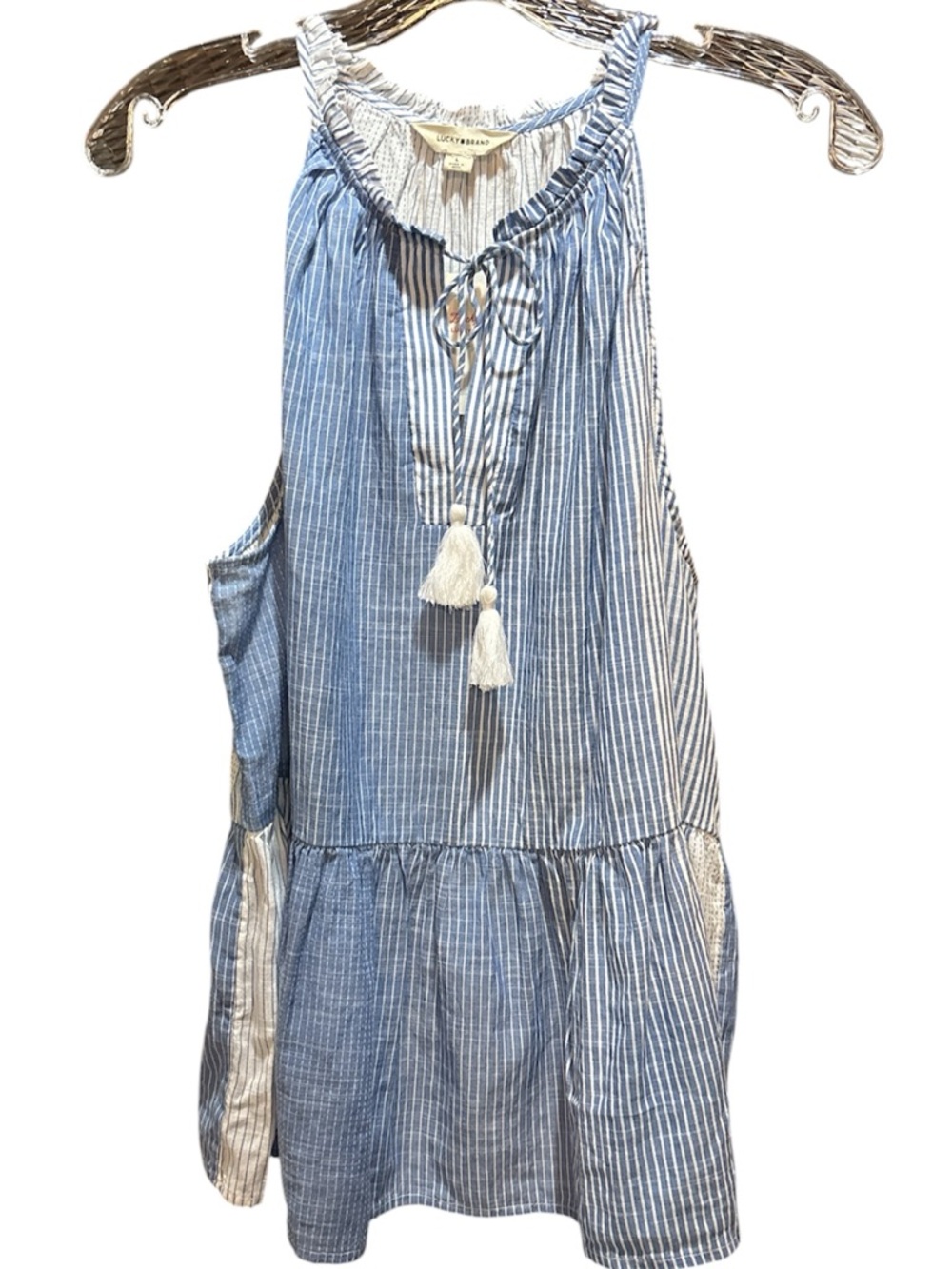 LUCKY BRAND Blue & White Striped Tassel Peplum Sleeveless Halter Top in Large